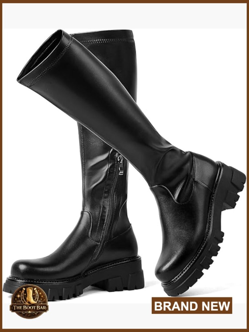 Knee High Boots with Lug Sole Half Zipper Stretch Fit Thick Heel